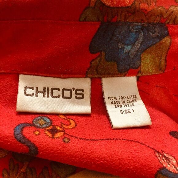 CHICO'S Red Faux Suede Chinese Scene Long Sleeve Blouse Jacket Sz 1 or Small - Picture 7 of 8